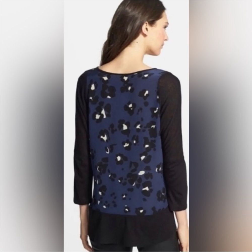 Rebecca Taylor Navy Blue Grey Leopard Animal Print Silk Wool Blend Blouse Size 2 - Picture 6 of 14